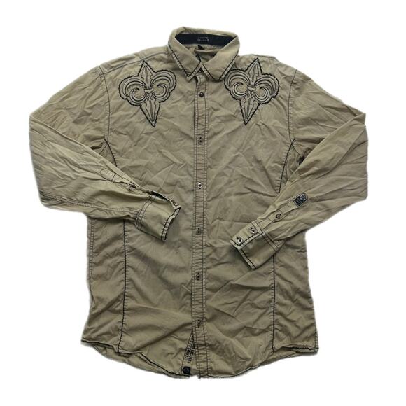 Vintage Y2K Roar Signature Embroidered Tan Long Sleeve Button-Up - Picture 1 of 9
